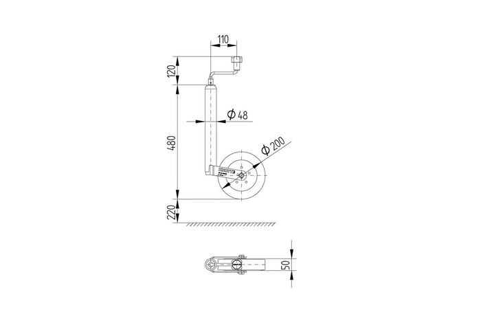 Podporno kolo z objemko KNOTT TK48+LB48 150kg 48mm 480-700mm